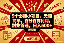 （18496期）9个必赚钱的小项目，百分百赚米，无脑简单，副业首选，日入390+