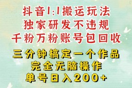 热门项目抖音1：1搬运独创顶级玩法！三分钟一条作品！单号每天稳定200+收益，千粉万粉包回收11-17福缘网