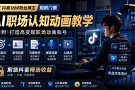 抖音16W粉丝博主规则门禁的AI职场认知动画教学，从赛道定位、账号包装，到文案创作、配音定制、AI成片，解锁抖音精选收益