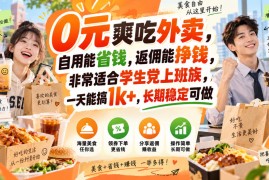 0元爽吃外卖，自用能省钱，返佣能挣钱，非常适合学生党上班族，一天能搞1k+，长期稳定可做