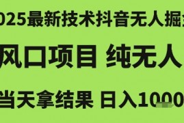 2025最新技术抖音无人掘金，风口项目，纯无人，当天拿结果日入1k+【揭秘】