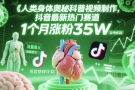 人类科普馆视频制作，抖音最新热门赛道，流量很大，1个月涨粉35W，可过伙伴计划